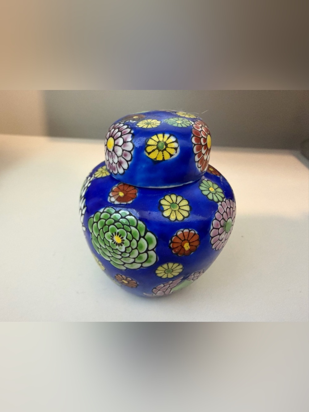 Miniature Blue Floral hand-painted Vintage Ginger Jar